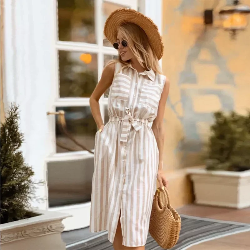 Shyloli Women front pockets mid dress caual turn-down collar sleeveless khaki striped straight sashes dress 2021 new fashion
Shyloli Women front pockets mid dress caual turn-down collar sleeveless khaki striped straight sashes dress 2021 new fashion