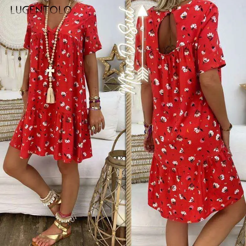 Women Large Size Summer Dress Print Hollow Out Back Short Sleeve V-Neck Polyester Office Lady A-Line Dress
Women Large Size Summer Dress Print Hollow Out Back Short Sleeve V-Neck Polyester Office Lady A-Line Dress