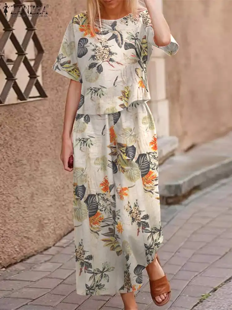 Floral Wide Leg Pants Sportswear Women Casual Cotton Suits Printed Round Neck Short Sleeve Elastic Waist Pants Summer 2022
Floral Wide Leg Pants Sportswear Women Casual Cotton Suits Printed Round Neck Short Sleeve Elastic Waist Pants Summer 2022