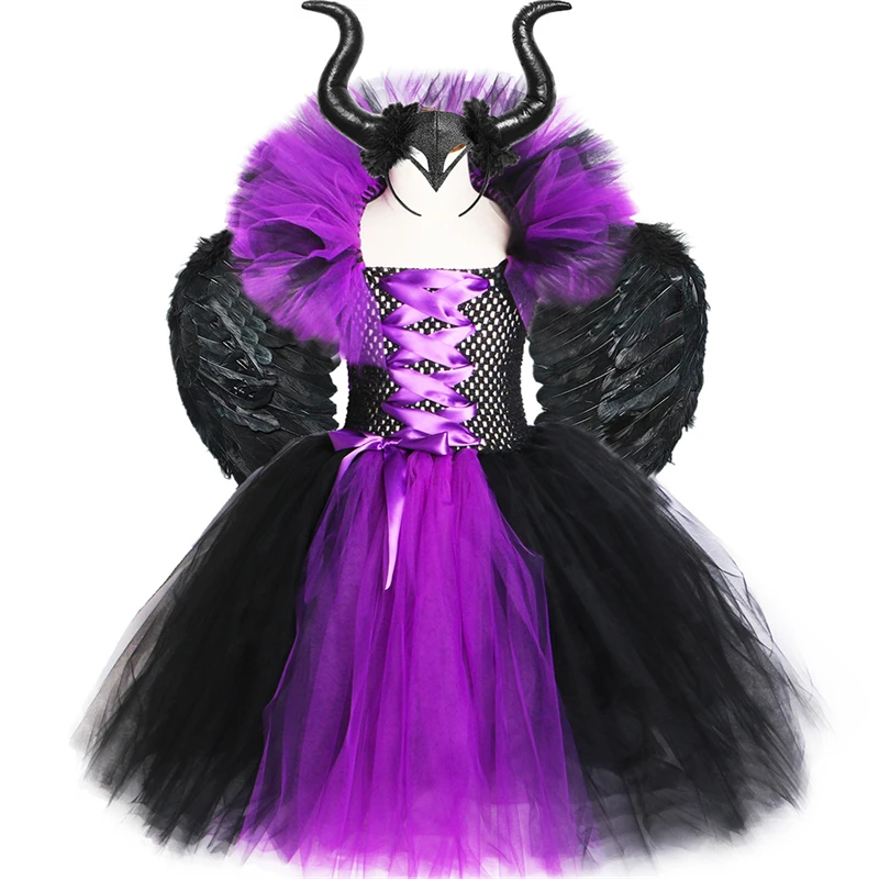 

Maleficent Halloween Costume Dress Long Girls Fancy Black Gown Kids Tutu Dress Evil Queen Party Cosplay Children Witch Clothes