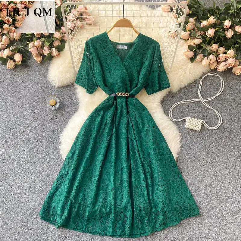 Summer Women Lace Dress V-neck Short Sleeve High Waist Solid Elegant Temperament Office Lady A-line Dress Vestidos Robe Femme
Summer Women Lace Dress V-neck Short Sleeve High Waist Solid Elegant Temperament Office Lady A-line Dress Vestidos Robe Femme