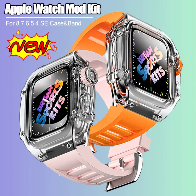 

For Apple Watch Band 8 45MM 44MM Transparent Mod Kit Case Rubber Sports Bands For iWatch Series 8 7 6 5 4 SE Silicone Strap
