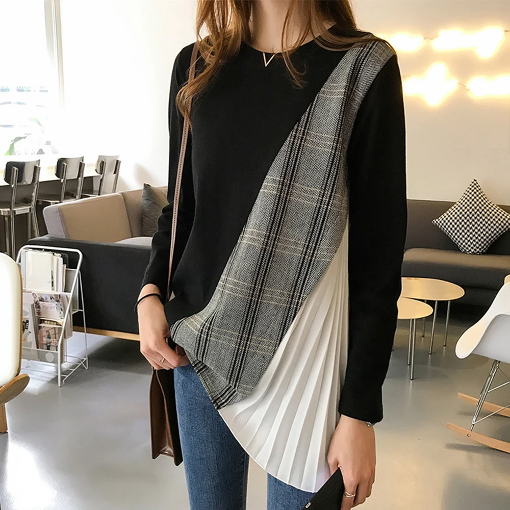 T-shirt Women's Mid-length Spring New Irregular Plaid Stitching Round Neck Top Korean Ladies Casual Long-sleeved Bottoming Shirt 
T-shirt Women's Mid-length Spring New Irregular Plaid Stitching Round Neck Top Korean Ladies Casual Long-sleeved Bottoming Shirt