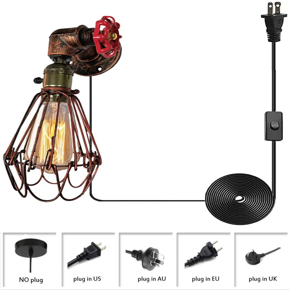 

Industrial Plug In Wall Sconce, Water Pipe Barn Hanging Lamp, Steampunk Style Wall Light Fixture with Metal Cage Shade In Antiqu