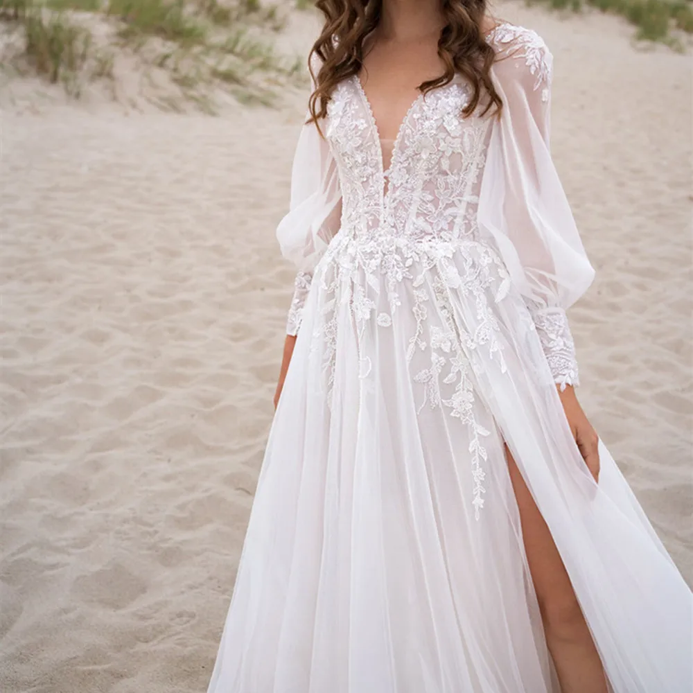 V-Neck Tulle Wedding Dresses For Women Princess Lantern Sleeves Lace Applique High Split Backless Vintage Vestidos De Novia
V-Neck Tulle Wedding Dresses For Women Princess Lantern Sleeves Lace Applique High Split Backless Vintage Vestidos De Novia