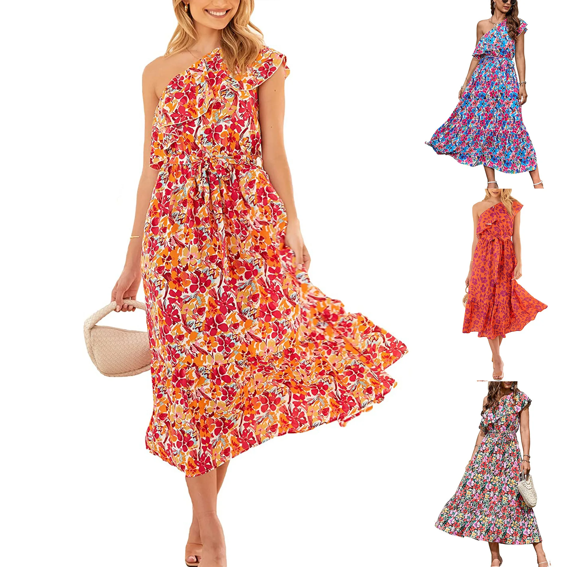 

2023 Summer Women's New Floral Ruffled Slanted Shoulder Streamer with Large Swing Dress