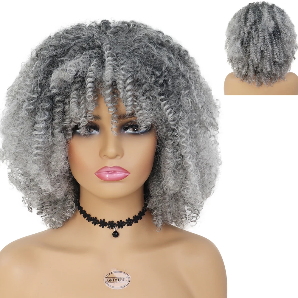 

GNIMEGIL Synthetic Afro Kinky Curly Wigs for Black Women Ombre Grey Short Haircut Wig with Bangs Cosplay Halloween Daily Use Wig