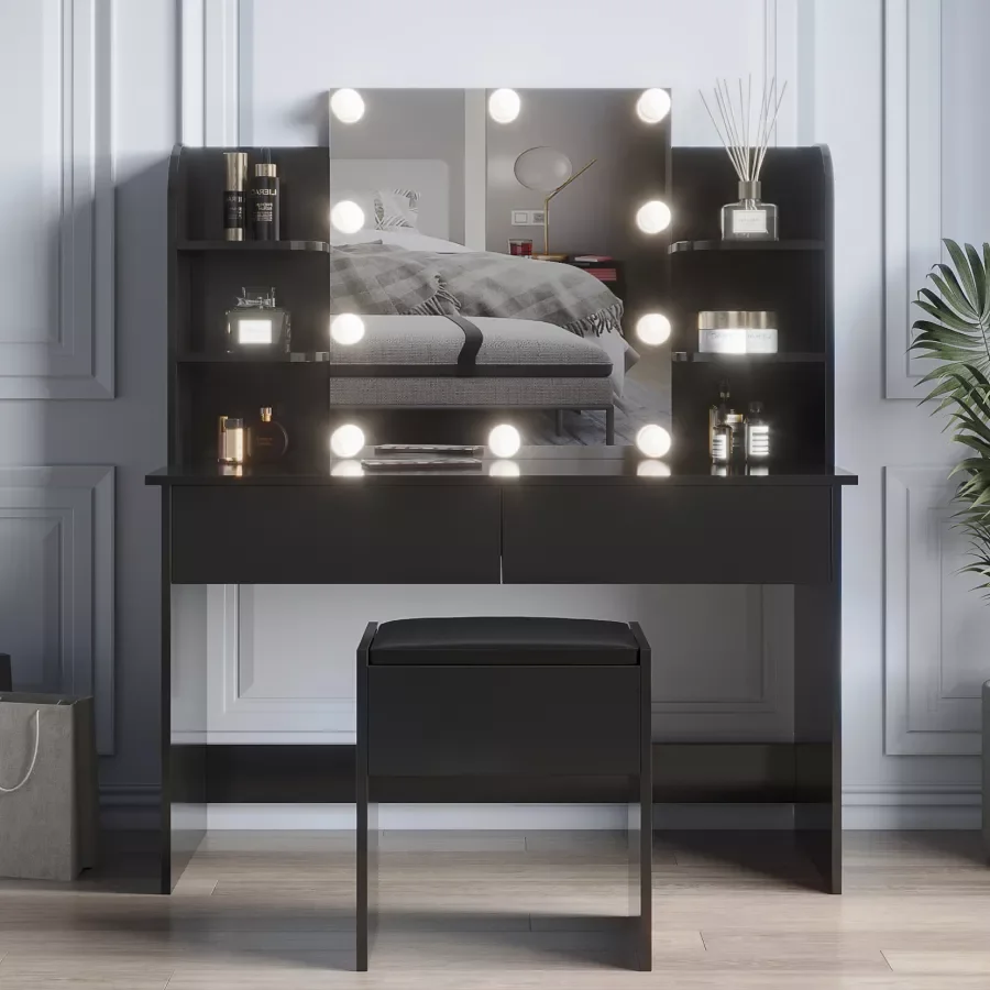 Modern Dressing table with 2 Drawers, 4 open shelves,Rectangular Makeup Table with Mirror, 10-lamp bulb,,42.52*15.75* 52.76inch
Modern Dressing table with 2 Drawers, 4 open shelves,Rectangular Makeup Table with Mirror, 10-lamp bulb,,42.52*15.75* 52.76inch
