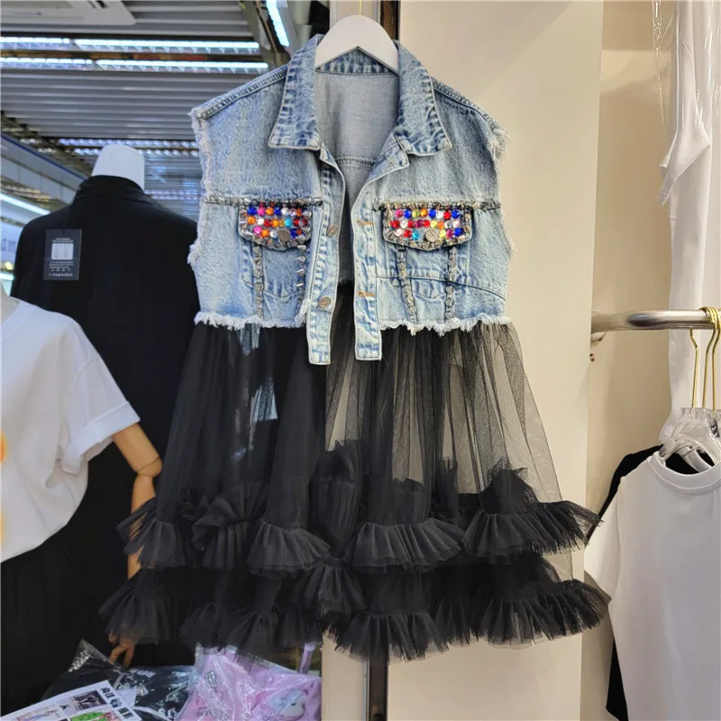 Blue Dark Grey Rivet Diamonds Denim Vest Women Slim Cowboy Waistcoat Mesh Splicing Mid Long Sleeveless Jeans Jacket Coat Female
Blue Dark Grey Rivet Diamonds Denim Vest Women Slim Cowboy Waistcoat Mesh Splicing Mid Long Sleeveless Jeans Jacket Coat Female