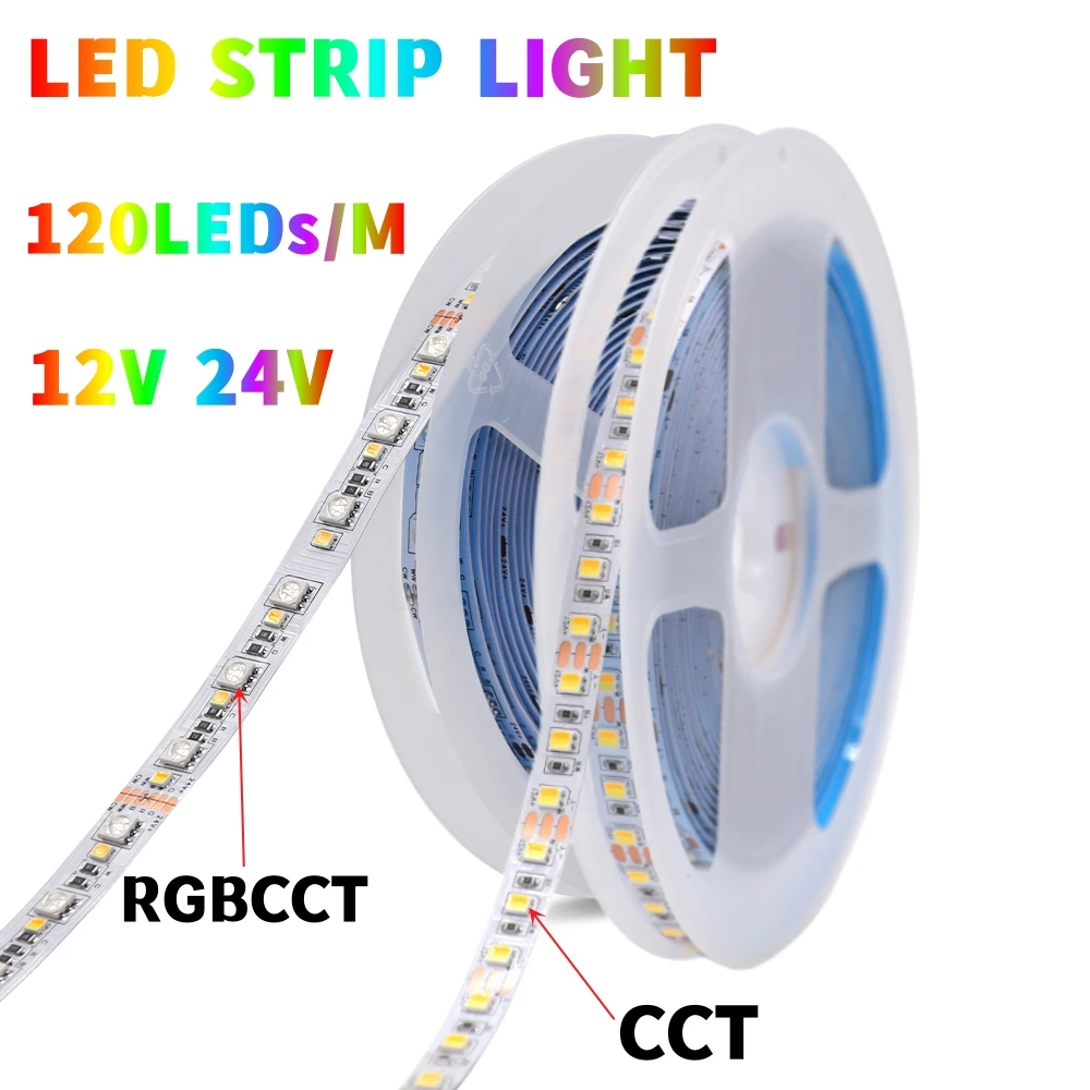 

6Pin RGB+CCT LED Tape Light Strip 5M 60LEDs 5050+2835 Flexible Ribbon Lamp 12V 24V 3Pin CCT 3500K-6500K Dimmable Bar