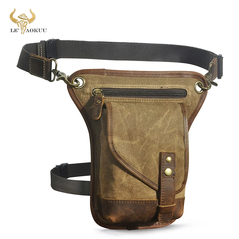 

Waterproof Canvas+Original Leather One Shoulder Bag Design Travel Fanny Belt Waist Pack Drop Leg Thigh Bag For Men Male 211-6
