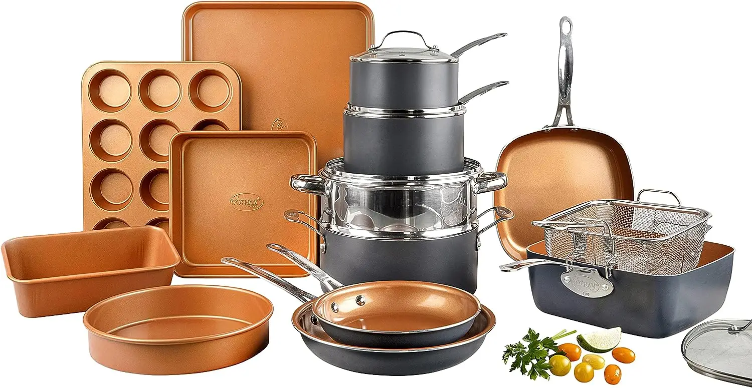 

20 Piece Pots & Pans Set | Hard Anodized Complete Cookware Set + Bakeware Set, Ultra Nonstick Ceramic Copper Coating, Chef G