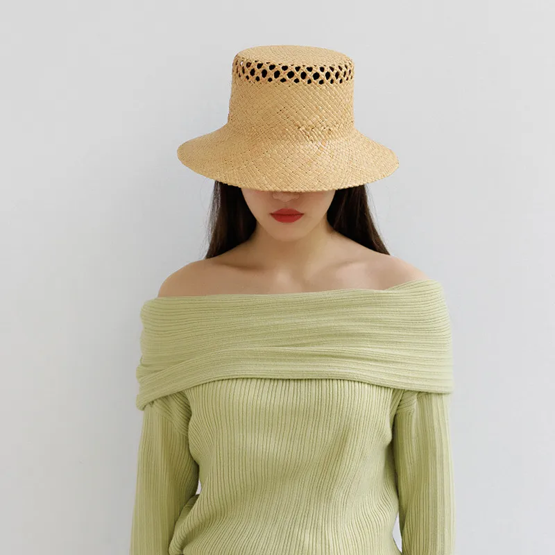 

Spring Summer New Fashion Leisure Hollow Top Handwoven Lafite Grass Flat Top Fisherman Hat Outdoor Sunshade Straw Hat Female