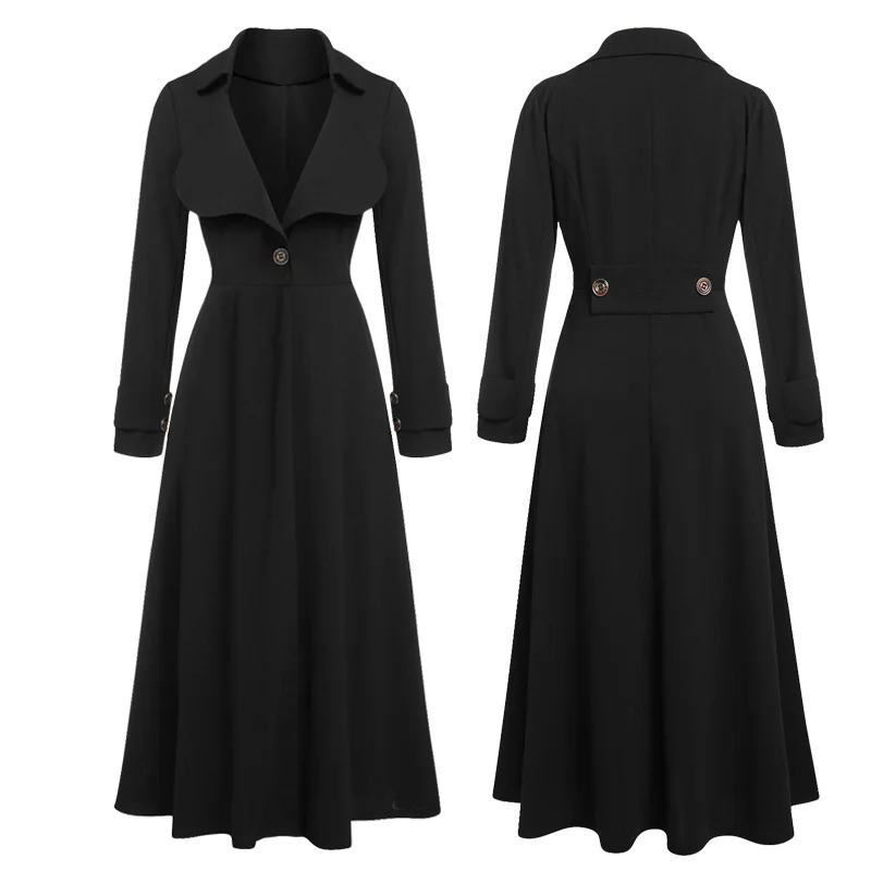

ROSEGAL Plus Size Turn Down Collar Mock Button Maxi Coat Women Autumn,Winter Wide-waisted Single Breasted Long Outwears Black