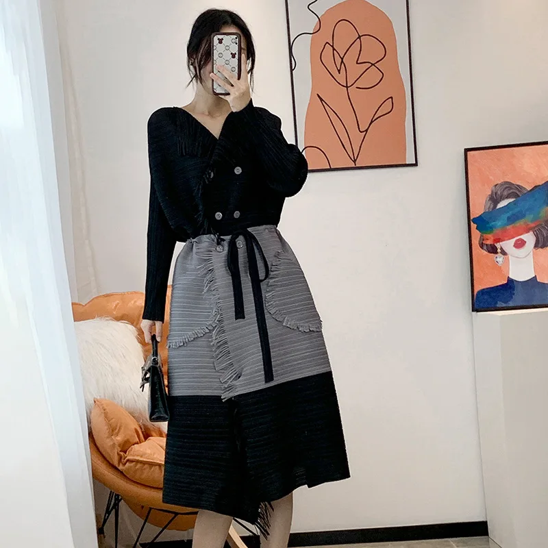 

Miyake Pleated Design Fashion Tassel Color-Matching Dresses Women's Cardigan Loose Drawstring Waist-Tight Temperament Midi Dress