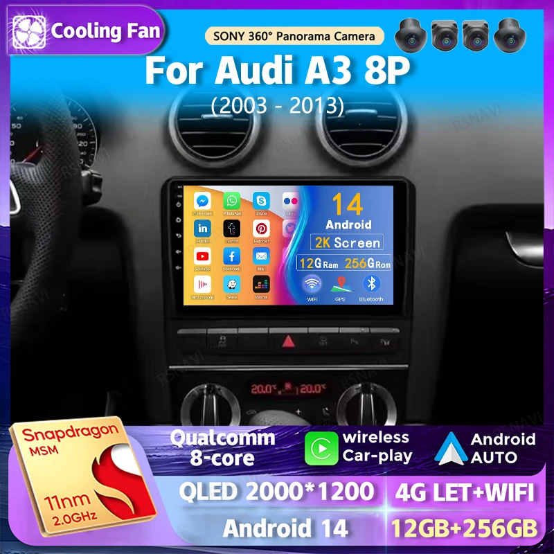 Android 14 Wi-Fi + 4G Carplay Автомобильный радиоприемник для Audi A3 8P 2003-2013 Навигация GPS