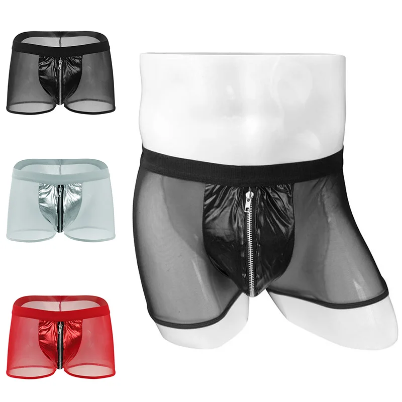 

Men's Sexy Underwear Mesh Trunks Transparent Boxer Shorts Pu Leather Front Zipper See Through Spandex Soft Comfortable Fashion