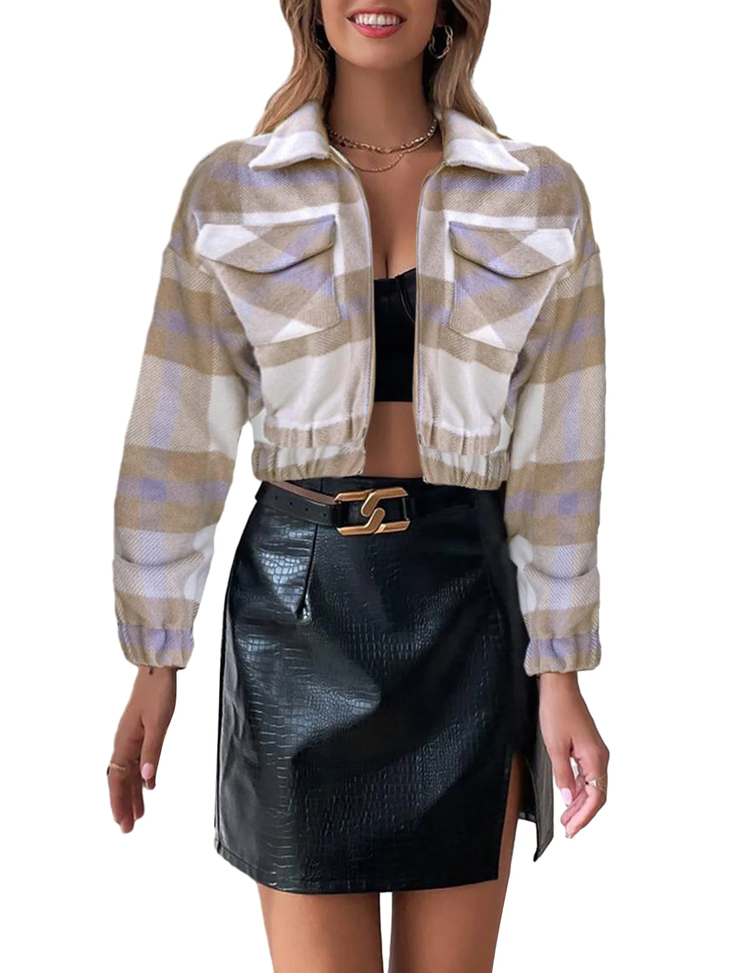 

Women s Plaid Print Zip-Up Jacket with Turn-Down Collar Pockets and Long Sleeves - Stylish Slim Fit Outerwear for Fall Casual