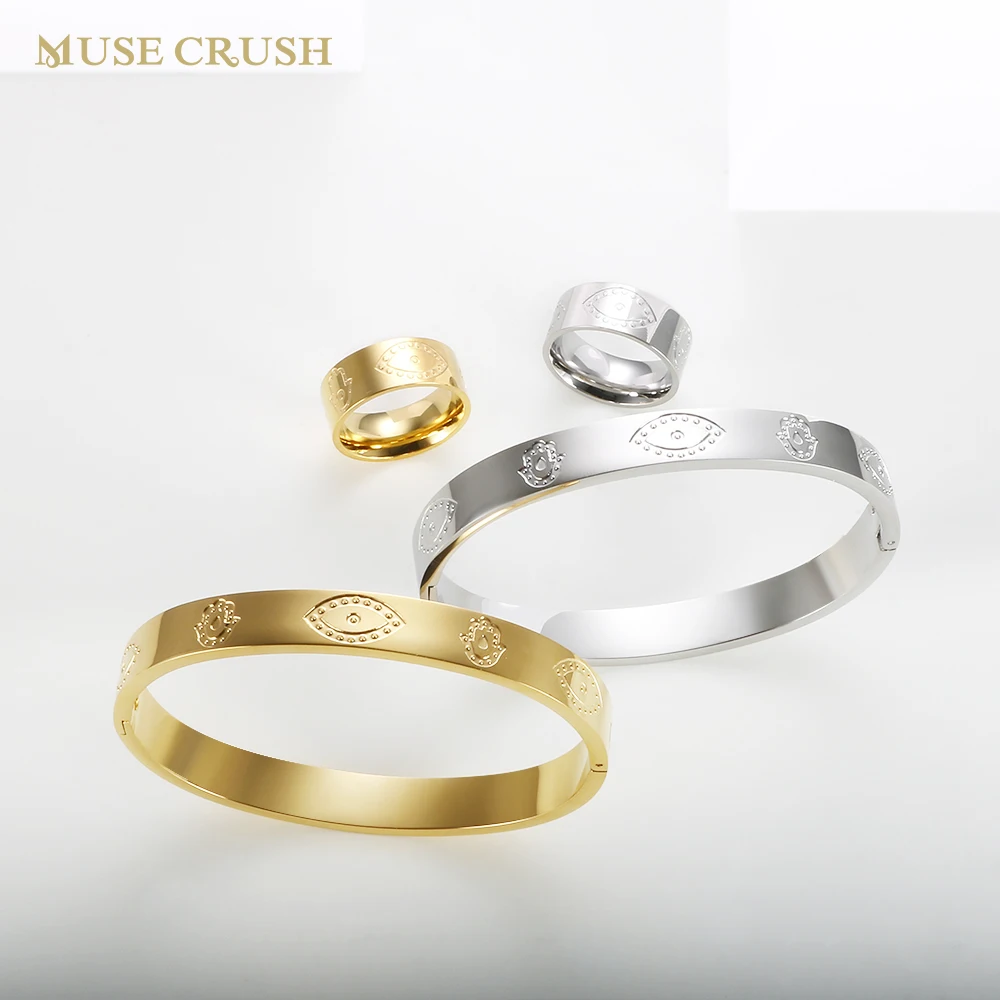 Simple Stainless Steel Bangle Eye Palm Sculpture Cuff Bracelet Ring Jewelry Set Gold Plated for Women Men Punk Waterproof Gift 
Simple Stainless Steel Bangle Eye Palm Sculpture Cuff Bracelet Ring Jewelry Set Gold Plated for Women Men Punk Waterproof Gift
