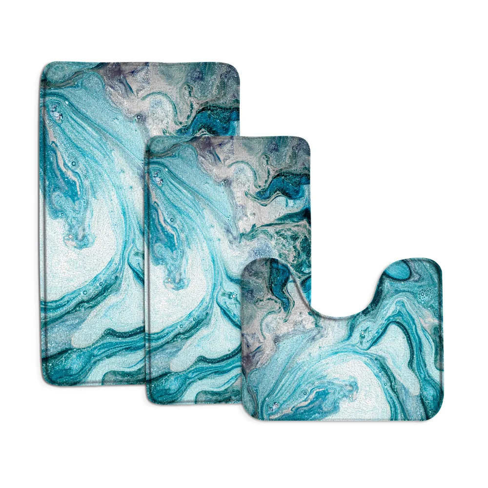 

Набор синих мраморных ковриков для ванной, абстрактный художественный текстурный современный домашний ковер, декоративное напольное покрытие для ванной, нескользящий U-Образный Коврик