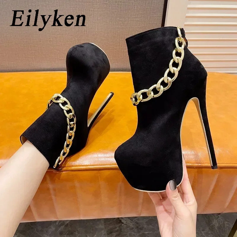 

Eilyken/женские ботинки с круглым носком; Сезон весна-осень; Классическая женская обувь на высоком каблуке-шпильке с металлической цепочкой на молнии для ночного клуба