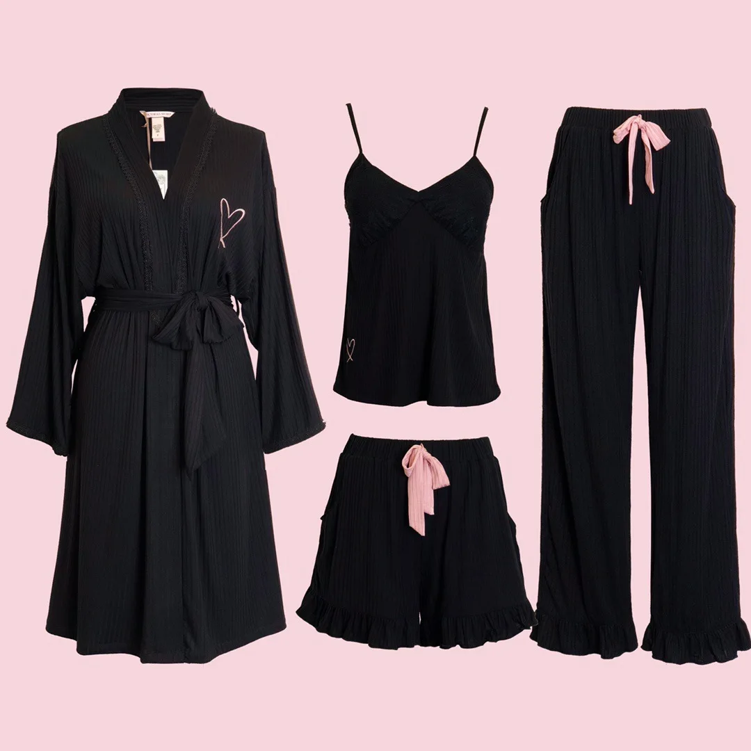 Brand New Simple Fashion Solid Color Heart Long Sleeve Four-piece Modal Pajamas Sets Comfortable Home Wear Dressing Clothes
Brand New Simple Fashion Solid Color Heart Long Sleeve Four-piece Modal Pajamas Sets Comfortable Home Wear Dressing Clothes
