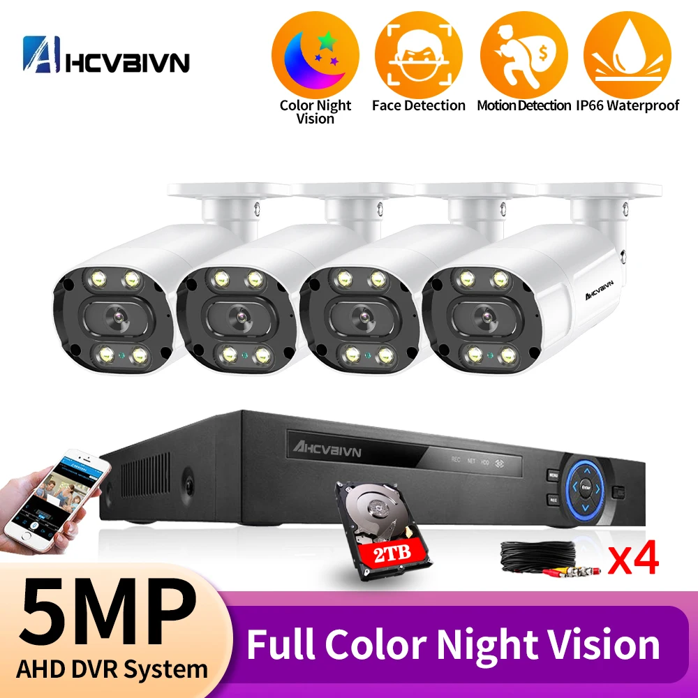 

AHCVBIVN H.265+ 4CH AHD DVR Motion Face Detection 5MP Weatherproof Bullet CCTV Home Surveillance Camera System DVR Kit 4Channel