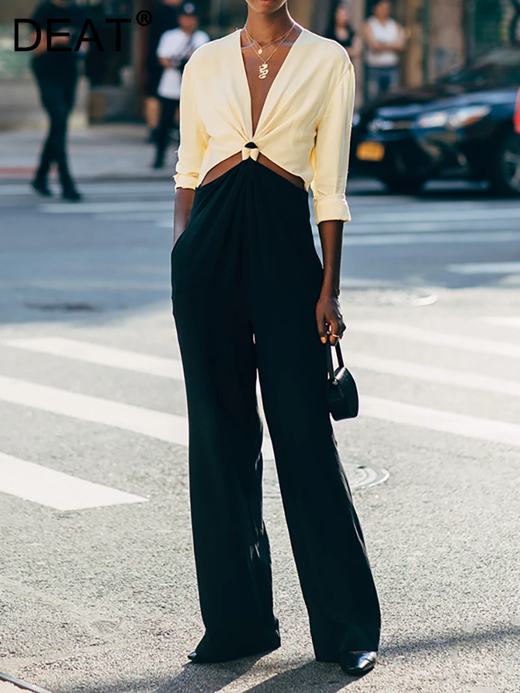 DEAT Fashion Women Rompers Deep V-neck Kinki Half Sleeve High Waist Contrast Color Full Length Playsuits Spring 2023 New 17A6138
DEAT Fashion Women Rompers Deep V-neck Kinki Half Sleeve High Waist Contrast Color Full Length Playsuits Spring 2023 New 17A6138