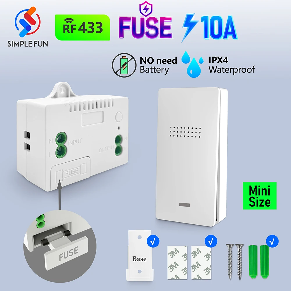 

Wireless Light Switch No Need Battery Push Button Switch Waterproof 10A 220V RF Relay Receiver With Fuse Remote Control for Lamp