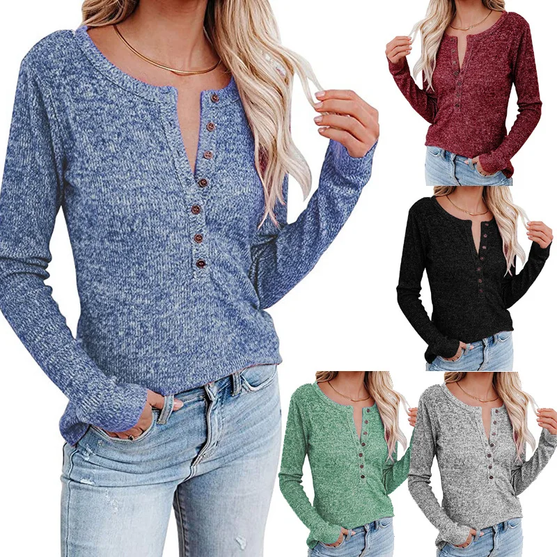 2022 Spring and Autumn New Women's Long-sleeved Round Neck Button Solid Color T-shirt Slim Casual Top Women's Bottoming Shirt
2022 Spring and Autumn New Women's Long-sleeved Round Neck Button Solid Color T-shirt Slim Casual Top Women's Bottoming Shirt