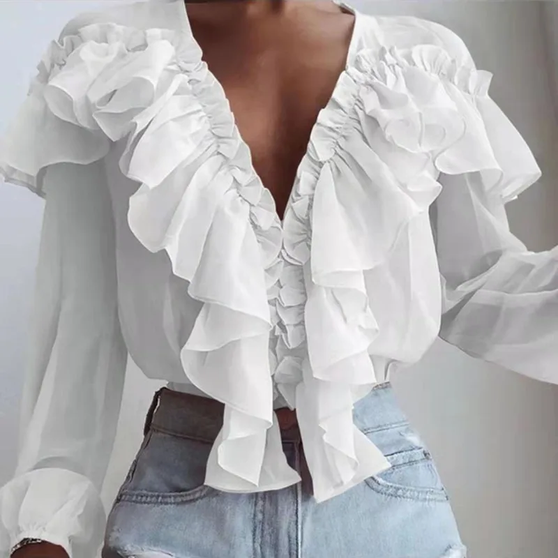 

Fashion Ruffled Loose V-neck Chiffon Shirt Women Long Sleeve White Blouse for Women Elegant Fold Tops Casual Solid Shirts 29087