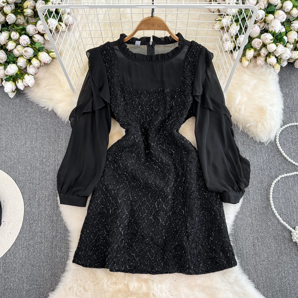 Женское шифоновое платье с баской, винтажное привлекательное приталенное платье составного кроя с длинными рукавами и круглым вырезом