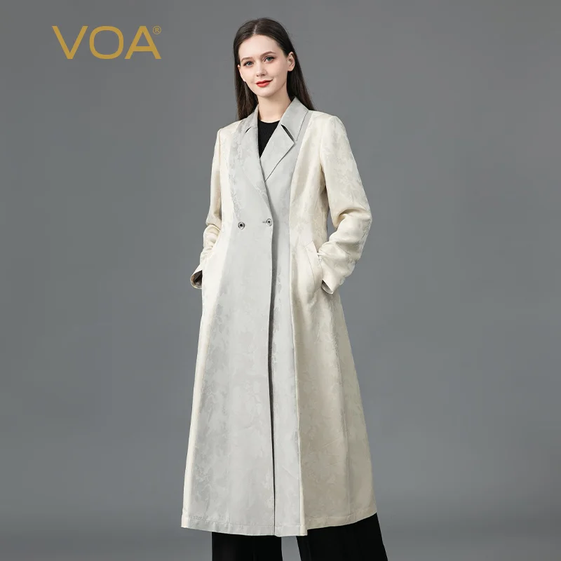 VOA Simple Turn-down Collar Spliced Silk Jacquard Woman Trench Coat Autumn Office Ladies Double Breasted Long Sleeve Coats FE189
VOA Simple Turn-down Collar Spliced Silk Jacquard Woman Trench Coat Autumn Office Ladies Double Breasted Long Sleeve Coats FE189