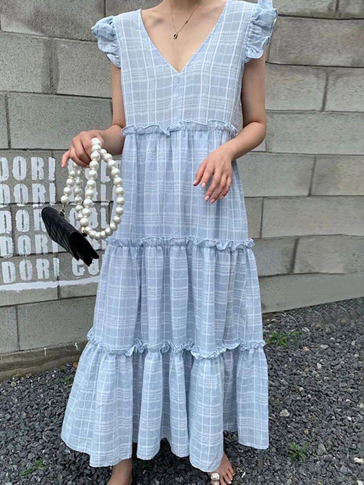 Korean Chic Gentle Soft Blue V-neck Edible Tree Fungus Plaid Flying Sleeves Female Dresses 2022 Summer New Style N774
Korean Chic Gentle Soft Blue V-neck Edible Tree Fungus Plaid Flying Sleeves Female Dresses 2022 Summer New Style N774