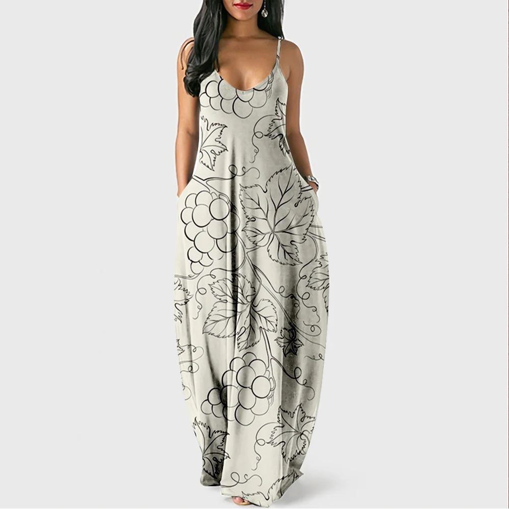 Платье женское длинное без рукавов, пикантный Повседневный Асимметричный пляжный сарафан с лямкой на шее, с принтом винограда, на лето 
Платье женское длинное без рукавов, пикантный Повседневный Асимметричный пляжный сарафан с лямкой на шее, с принтом винограда, на лето