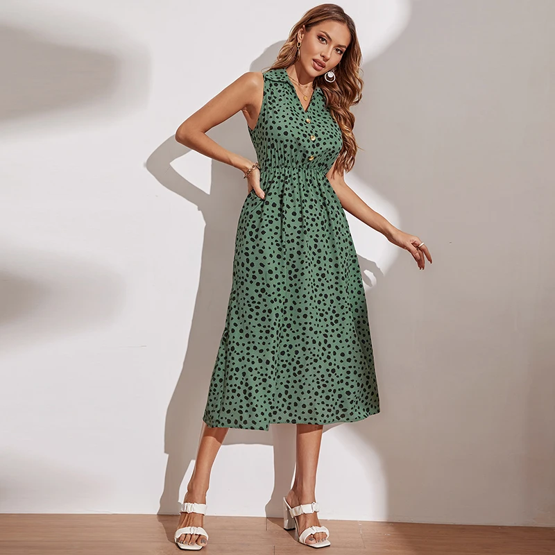 2022 Casual Summer Women's Dress Speckled Design Floral Clothing Green Long Dress Fashion Chiffon Sleeveless Lapel Midi Dresses
2022 Casual Summer Women's Dress Speckled Design Floral Clothing Green Long Dress Fashion Chiffon Sleeveless Lapel Midi Dresses