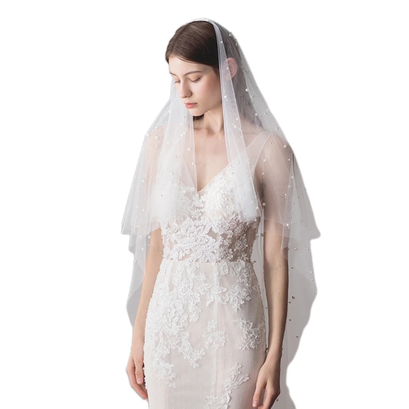 

Wedding Bridal Veil with Comb Sheer Tulle Veils with Pearls Hair Accessories for Bride 2 Tier Fingertip Length Cut Edge