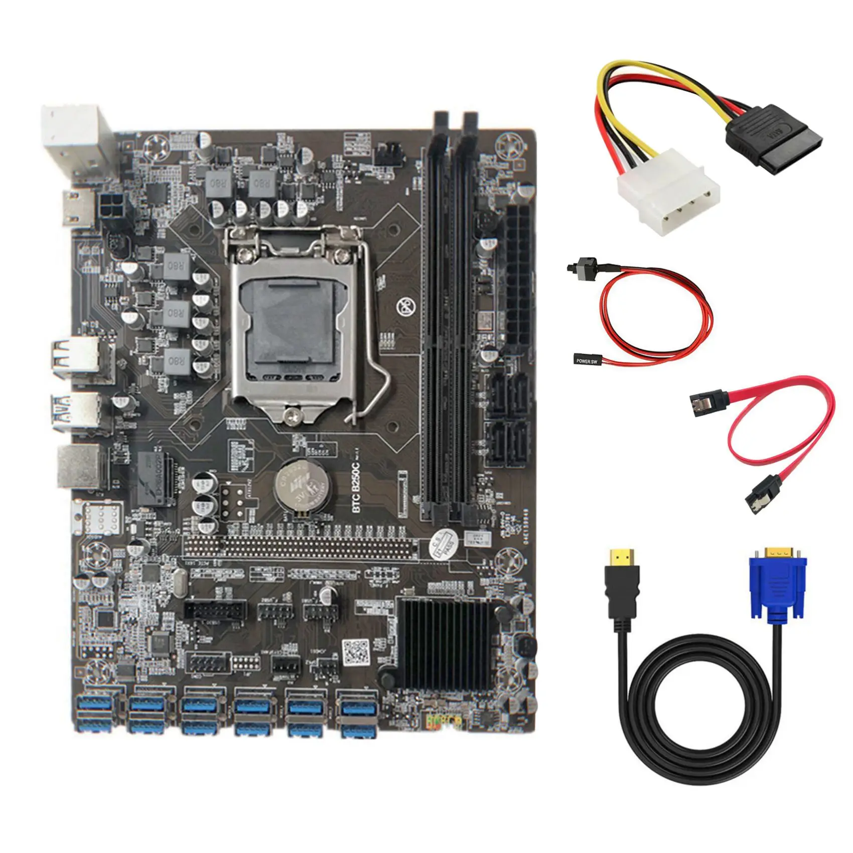 B250C Mining Motherboard with 4PIN IDE to SATA Cable+HD to VGA Cable+Switch Cable+SATA Cable 12 PCIE to USB3.0 GPU Slot
B250C Mining Motherboard with 4PIN IDE to SATA Cable+HD to VGA Cable+Switch Cable+SATA Cable 12 PCIE to USB3.0 GPU Slot