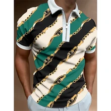 Summer Mens Clothing Polo Shirts Streetwear Gold Belt Print Casual Short Sleeve Tee Shirt Men Turn-Down Collar Zipper Polo Tops