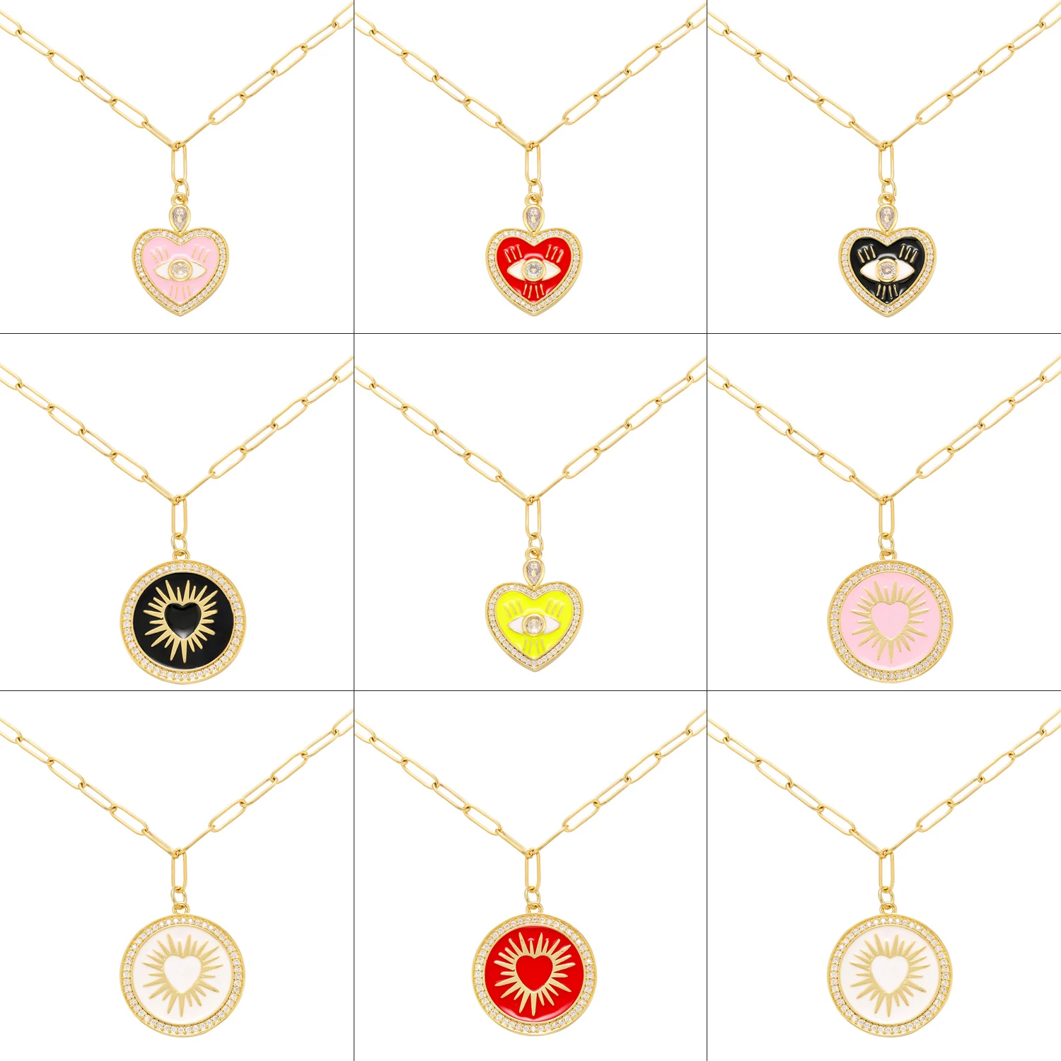 Enamel Pendants Necklaces Round Heart Shaped Evil Eye Charms Women's Choker Gold Color Chain Inlay Noble Zircon Jewelry Wedding
Enamel Pendants Necklaces Round Heart Shaped Evil Eye Charms Women's Choker Gold Color Chain Inlay Noble Zircon Jewelry Wedding