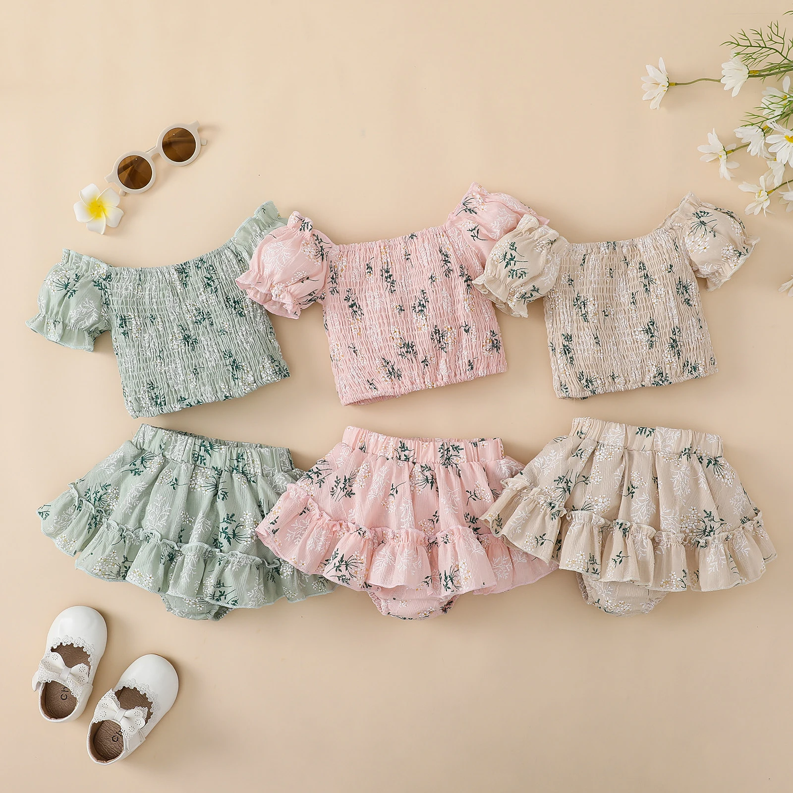 

2023-04-24 Lioraitiin 0-4Years Kids Girls Summer Clothes Floral Print Boat Neck Short Sleeve Ruched Tops Lined Shorts Skirts