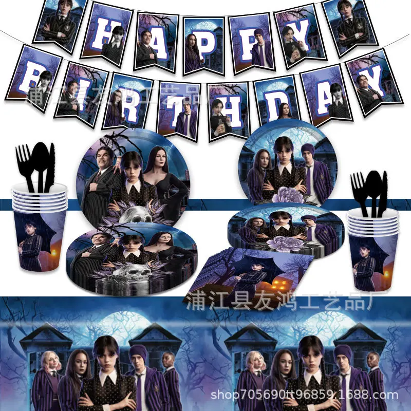 New Wednesday Addams Children's Birthday Party Decoration Supplies Banner Tableware Balloon Cake Flags Site Background Layout
New Wednesday Addams Children's Birthday Party Decoration Supplies Banner Tableware Balloon Cake Flags Site Background Layout