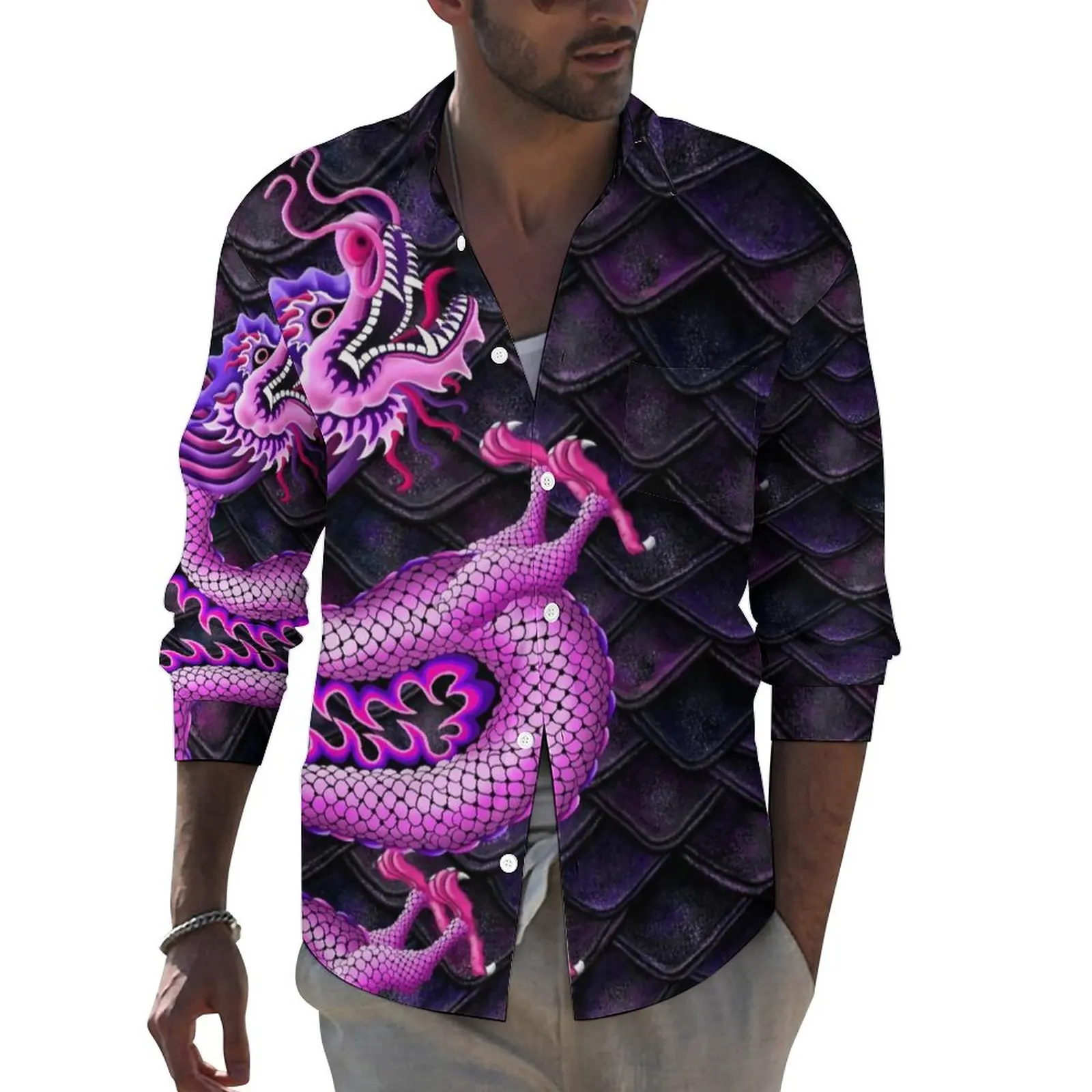Рубашка мужская оверсайз с принтом в виде чешуи дракона, Повседневная Блузка с длинным рукавом, с принтом в виде розового дракона, осень
Рубашка мужская оверсайз с принтом в виде чешуи дракона, Повседневная Блузка с длинным рукавом, с принтом в виде розового дракона, осень
