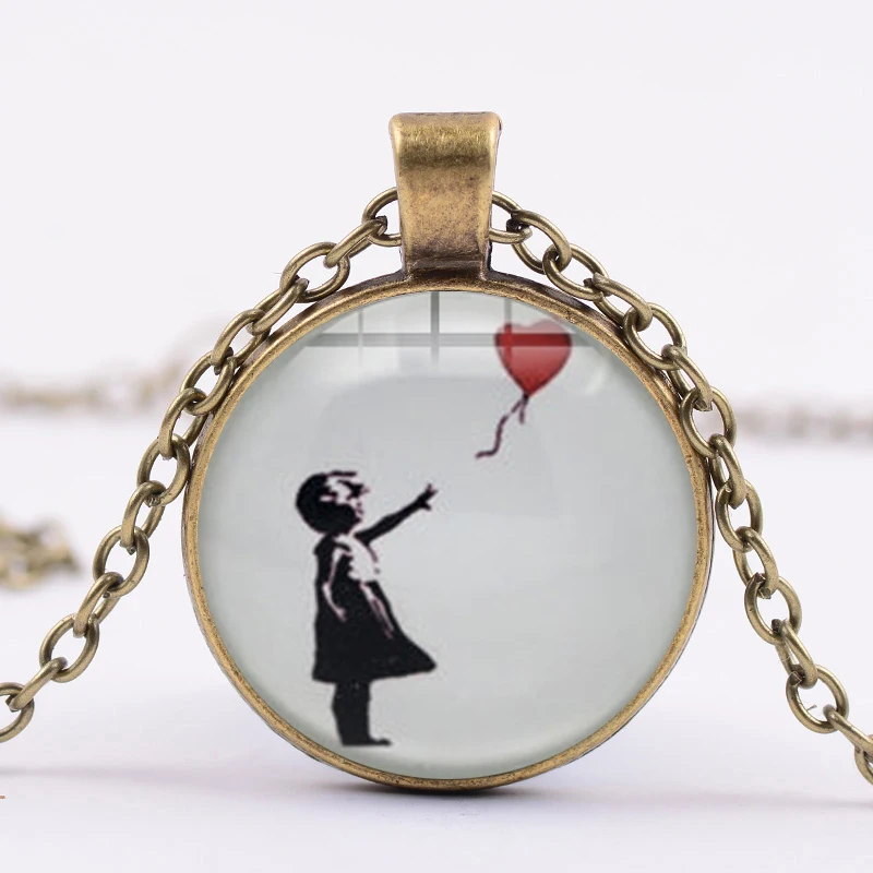 

Necklace Girls With A Balloon Street Graffiti Artist Banksy Famous Painting Glass Cabochon Metal Pendant Chain Necklaces Jewelry