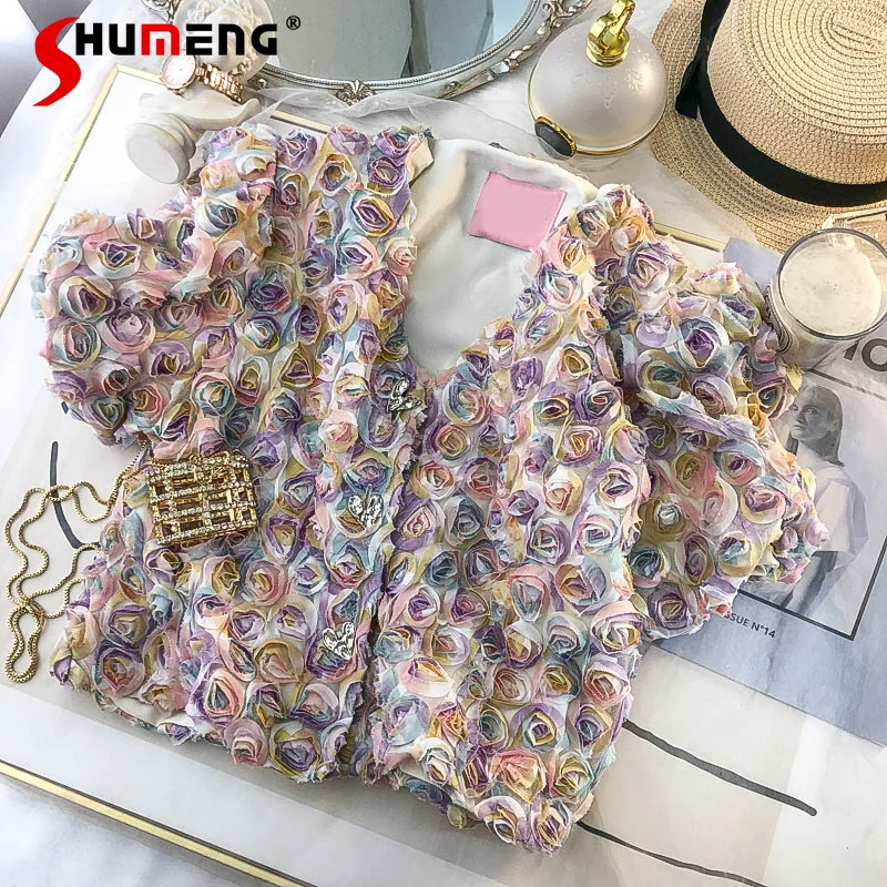 New Female French Style Retro Sweet Puff Sleeve 3D Flower Shirt Women 2022 Summer Fashion Simple Fairy V-neck Short Blouses Top
New Female French Style Retro Sweet Puff Sleeve 3D Flower Shirt Women 2022 Summer Fashion Simple Fairy V-neck Short Blouses Top