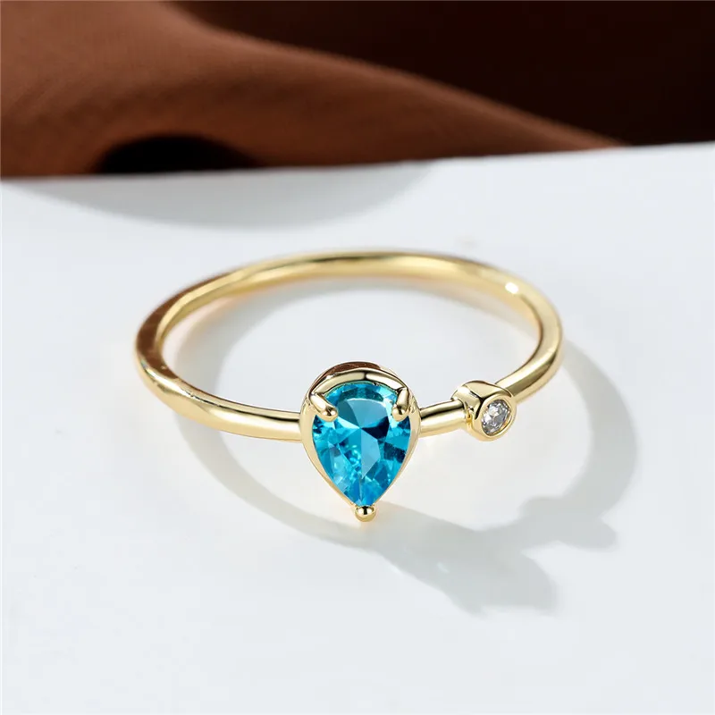 Обручальное тонкое кольцо с голубым цирконом простое модное камнем в форме капли