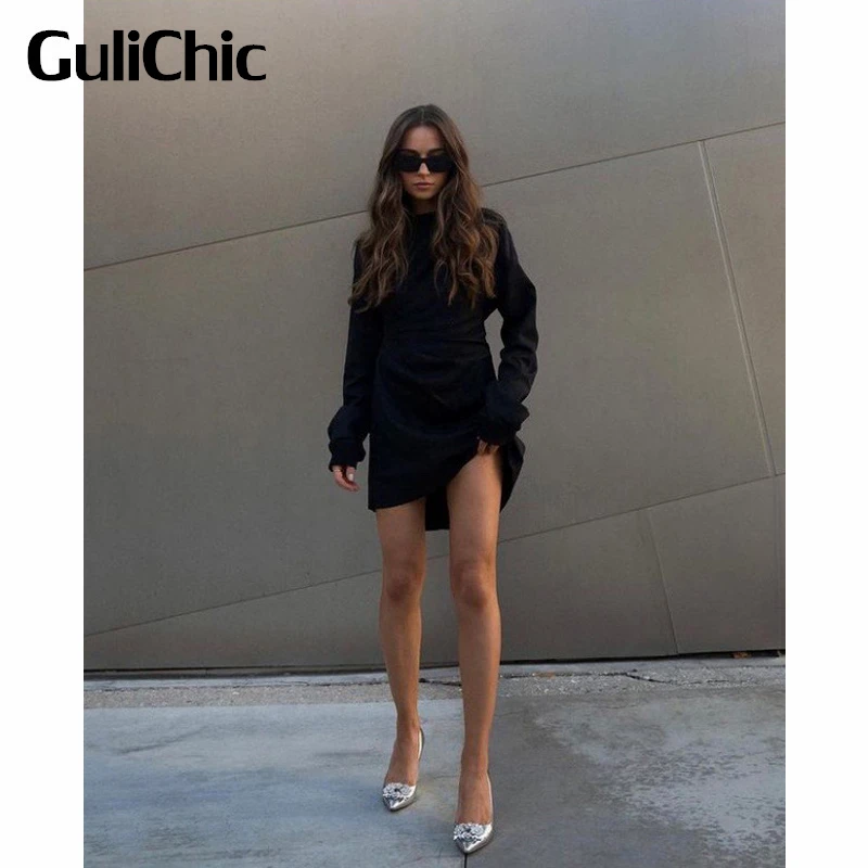 

8.9 GuliChic Women Fashion Irregular Folds Collect Waist Black Long Sleeve Mini Dress