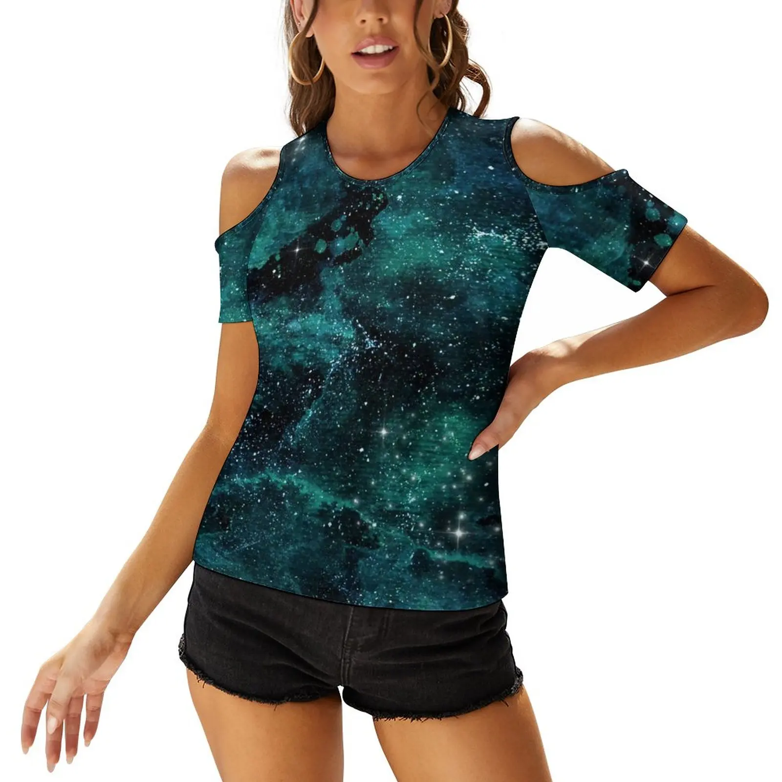 Teal Galaxy Design T Shirt Space Stars Print Cold Shoulder Street Fashion Graphic Women Simple T-Shirt U Neck Tee
Teal Galaxy Design T Shirt Space Stars Print Cold Shoulder Street Fashion Graphic Women Simple T-Shirt U Neck Tee