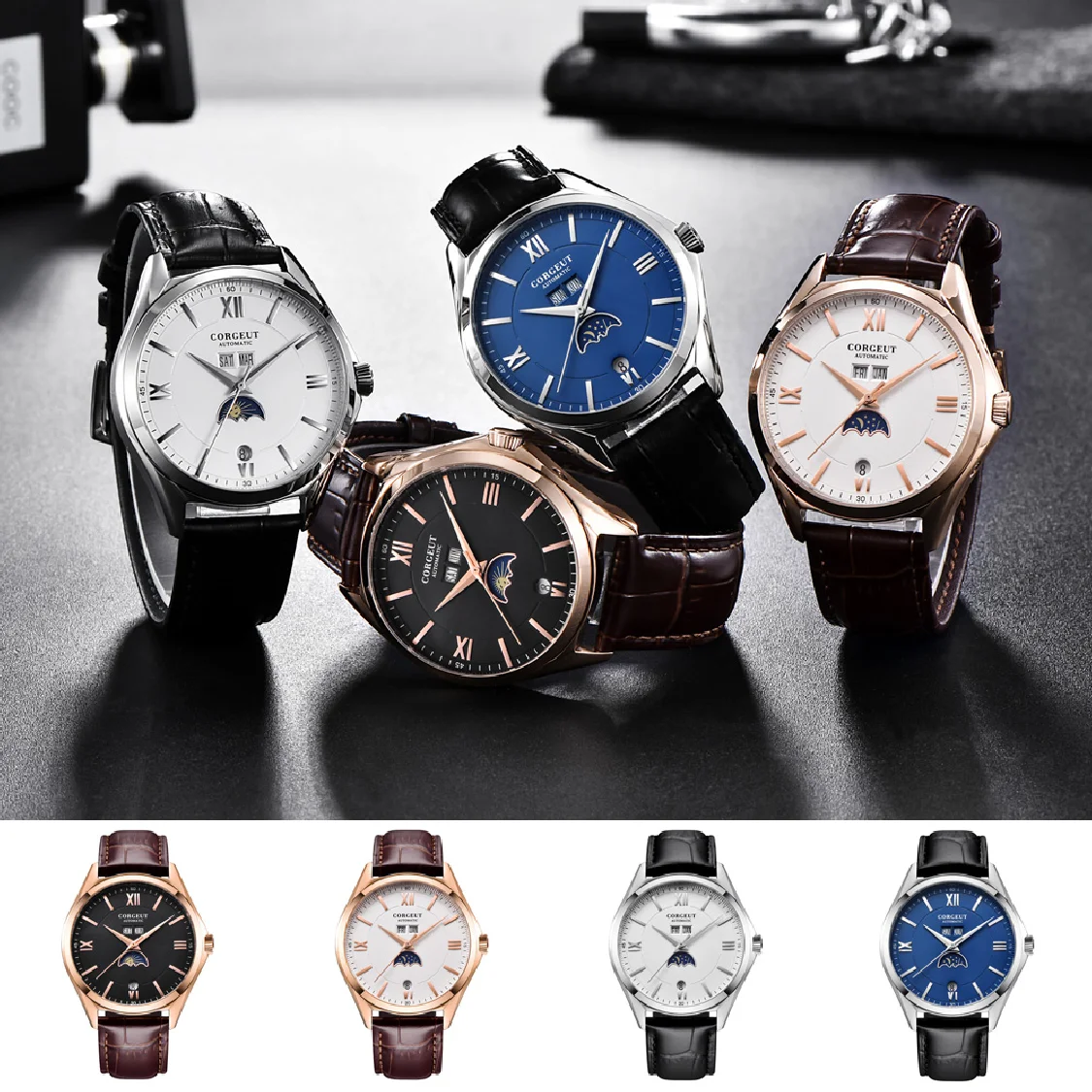 New Corgeut 41MM Moon Phase Leather Men's Wrist Watch fashtion automatic mechanical wristwatches waterproof 316L Stainless steel
New Corgeut 41MM Moon Phase Leather Men's Wrist Watch fashtion automatic mechanical wristwatches waterproof 316L Stainless steel