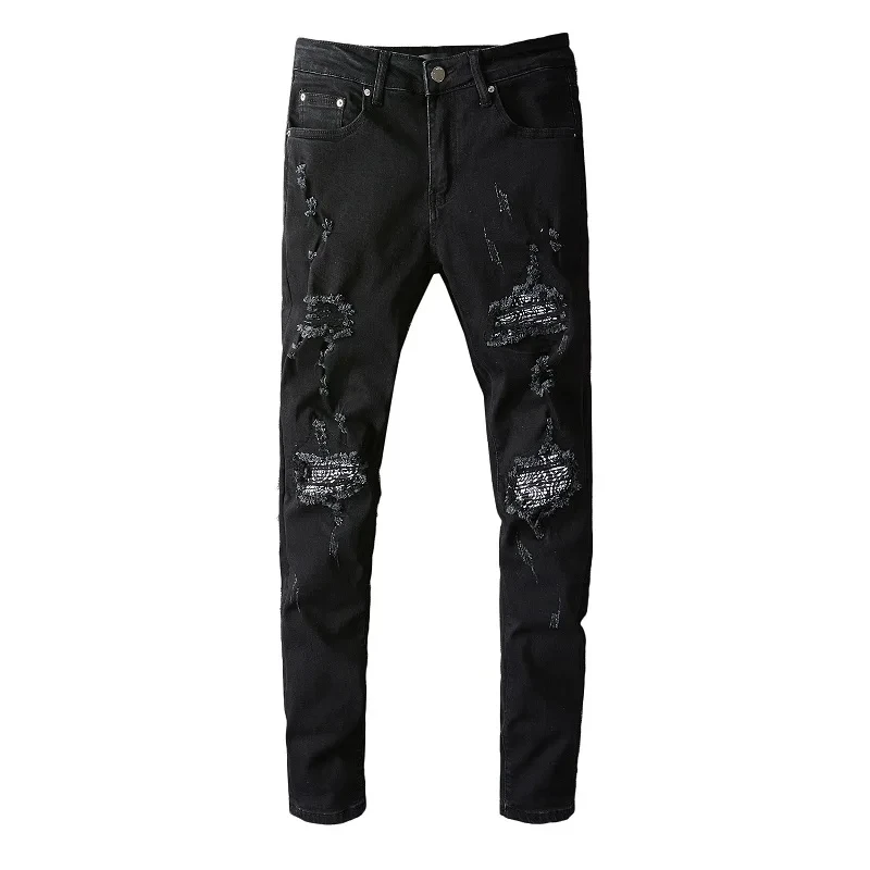New Arrival Mens Streetwear Ripped Jeans pants Stretch Distressed Bandana Patches Dark Washed Jeans For Men
New Arrival Mens Streetwear Ripped Jeans pants Stretch Distressed Bandana Patches Dark Washed Jeans For Men